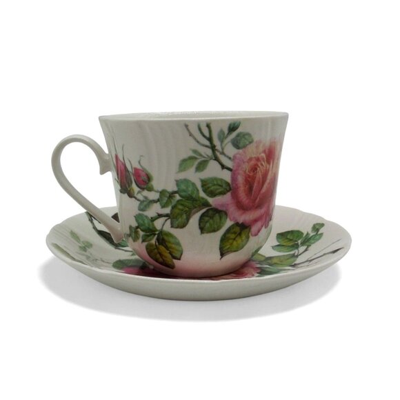 ROY KIRKHAM English Rose White Pink Large Tea Cup And Saucer Set England Vintage - Picture 1 of 11